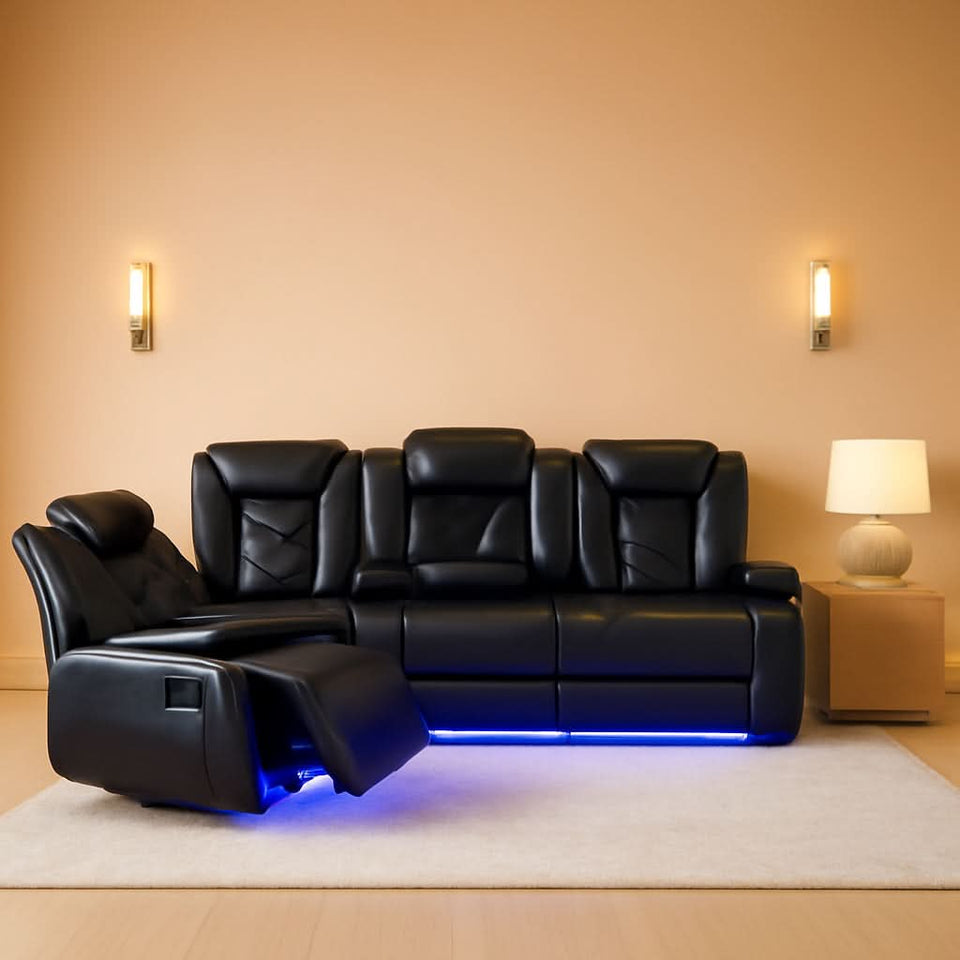 Power Leather Recliner Sofa Set LED Lights USB Ports Black