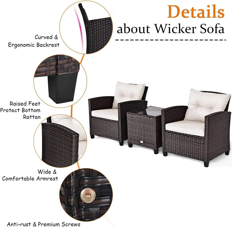 3 Piece Patio Furniture Set White PE Rattan Wicker Outdoor Sofa Set With Washable Cushions And Tempered Glass Tabletop