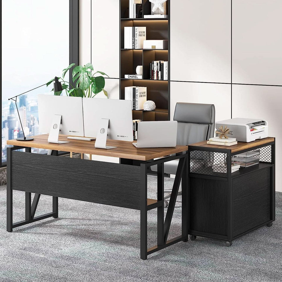 Rustic L Shaped Desk With Storage Cabinet On Wheels