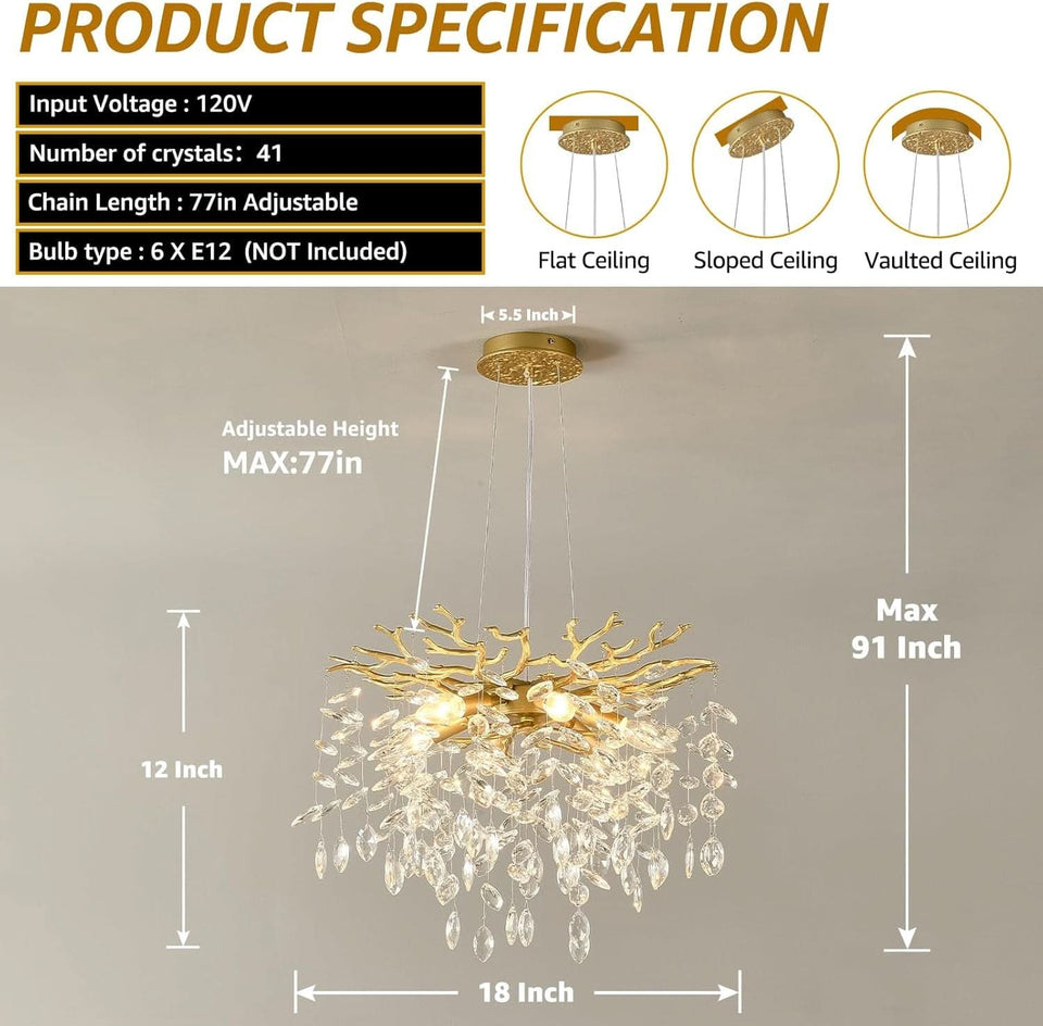 Gold Crystal Tree Branch Chandelier 18 Inch K9 Crystals