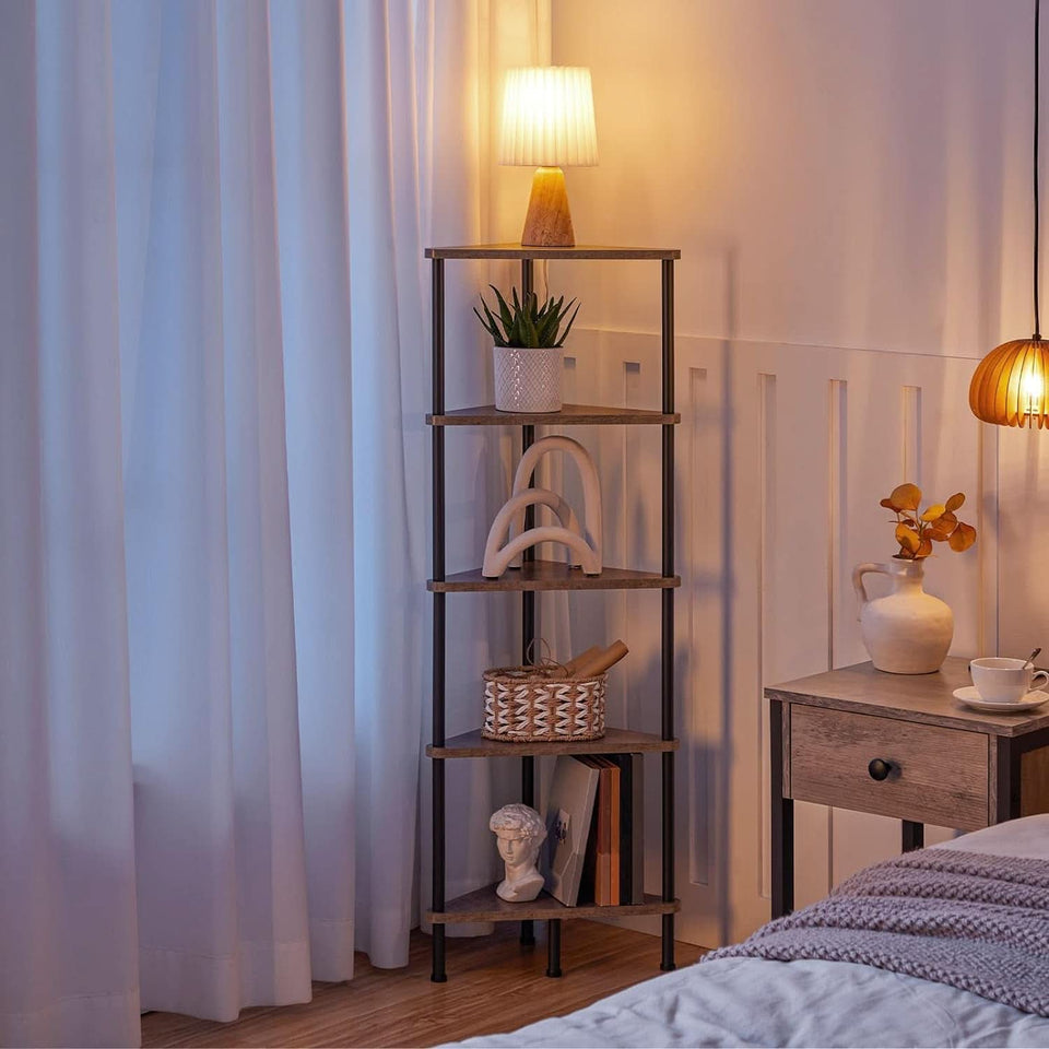 Industrial 5 Tier Corner Shelf Stand With Metal Frame