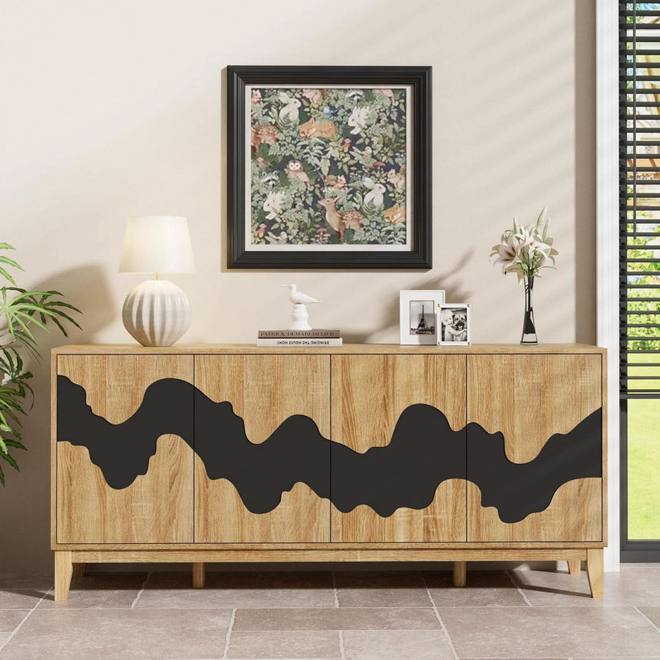 63 Inch Buffet Cabinet White With Blue Water Pattern