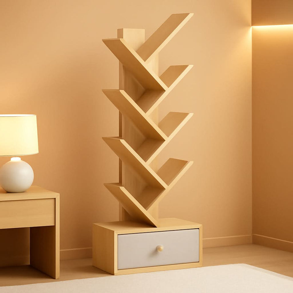 8 Tier Tree Bookshelf With Drawer Natural Wood Bookcase