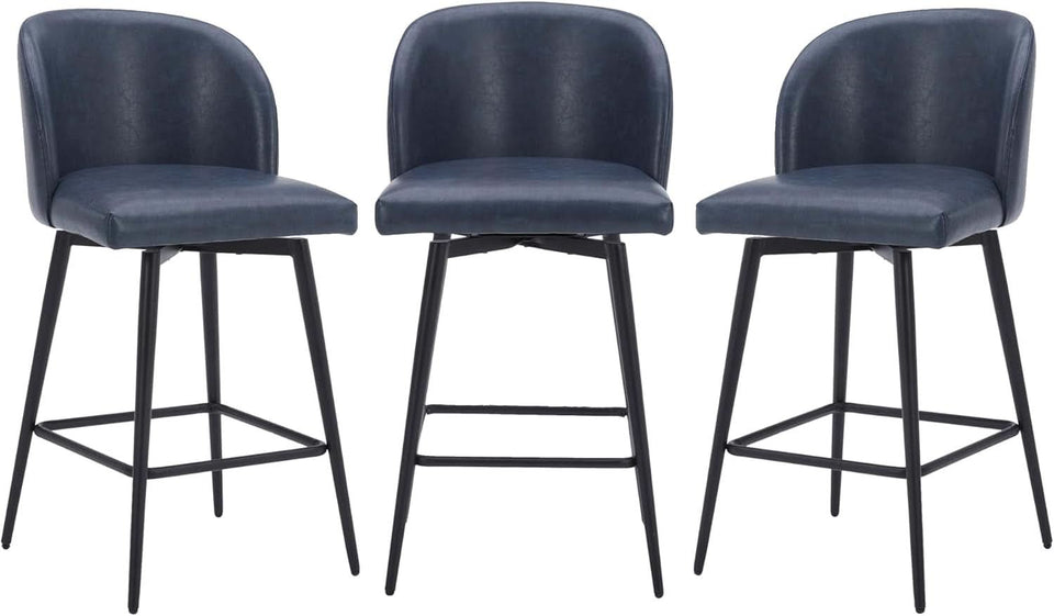 Counter Height Bar Stools 3 Pack Blue Faux Leather Swivel