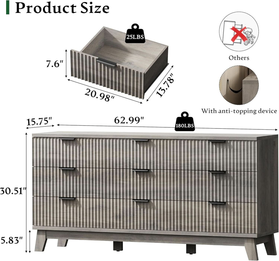 grey fluted dresser Grey Fluted Contemporary Five Drawer Bedroom Dresser