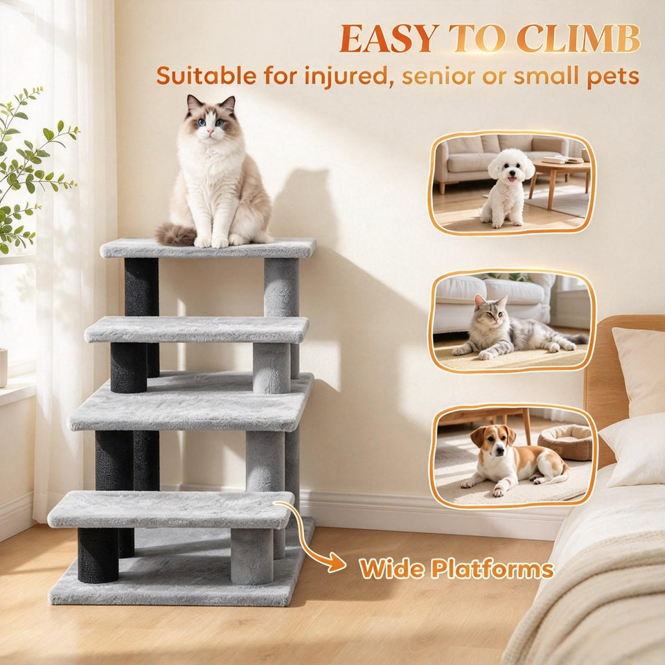 Modular Pet Cat Stairs with Flexible Setup - Particleboard & Plush, Gray/Black