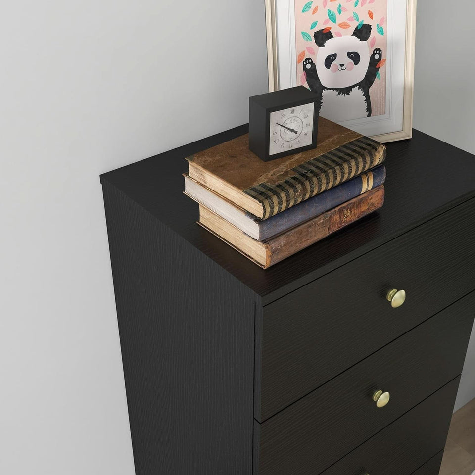 Six Drawer Vertical Dresser Black Wood Gold Handles