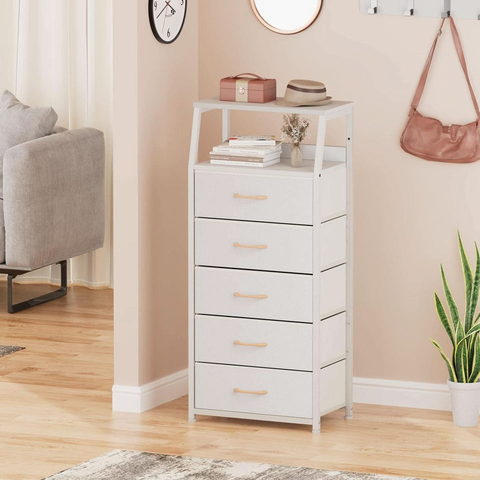 White Dresser With 5 Drawers And Wood Top Bedroom Storage