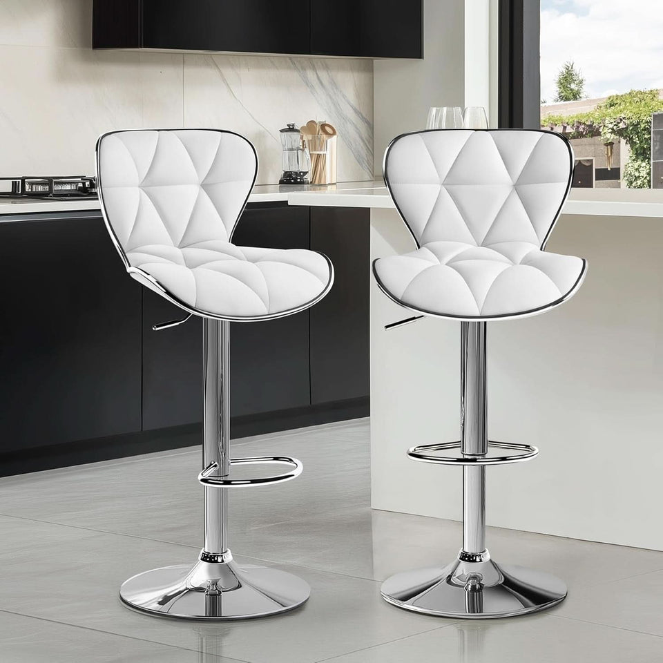 Bar Stools Set Of 2 White PU Leather Adjustable Swivel