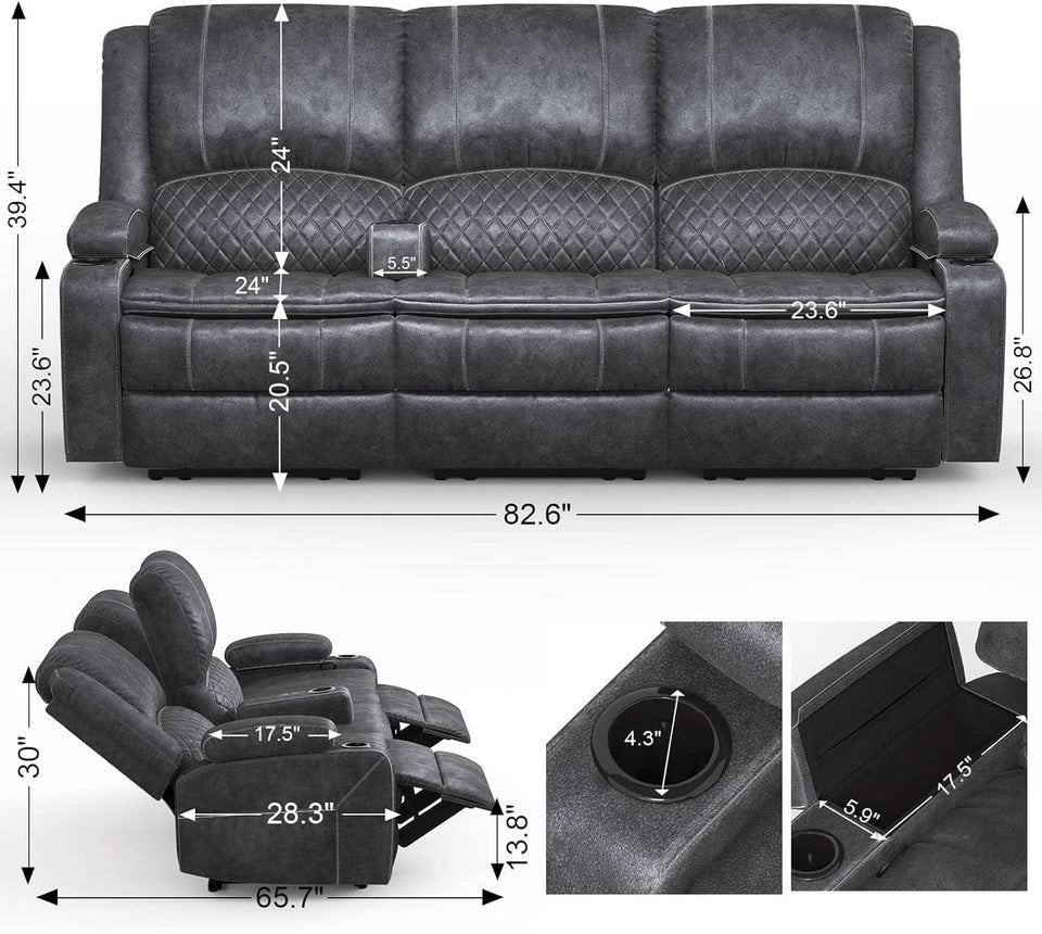 Grey Three Seater Manual Recliner Sofa Modern Living Room