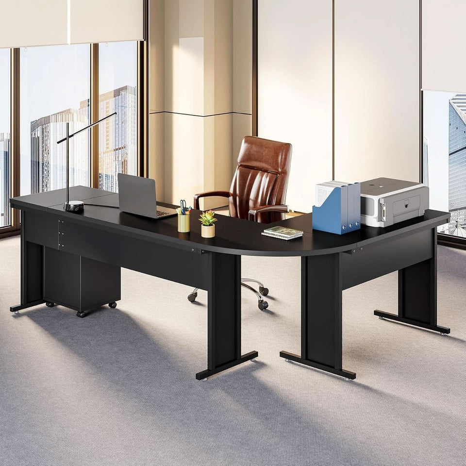 83 Inch L Shaped Desk With 3 Drawer File Cabinet Office