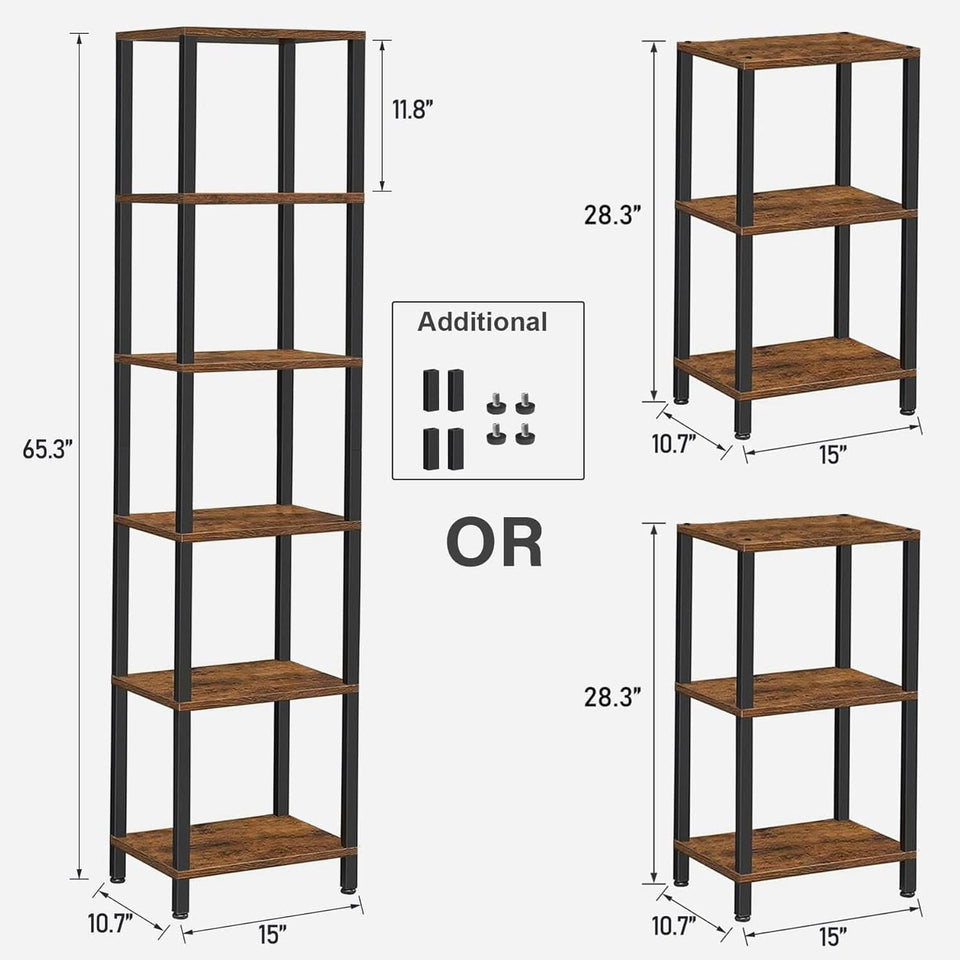 Six Tier Tall Bookshelf Narrow Rustic Brown Bookcase