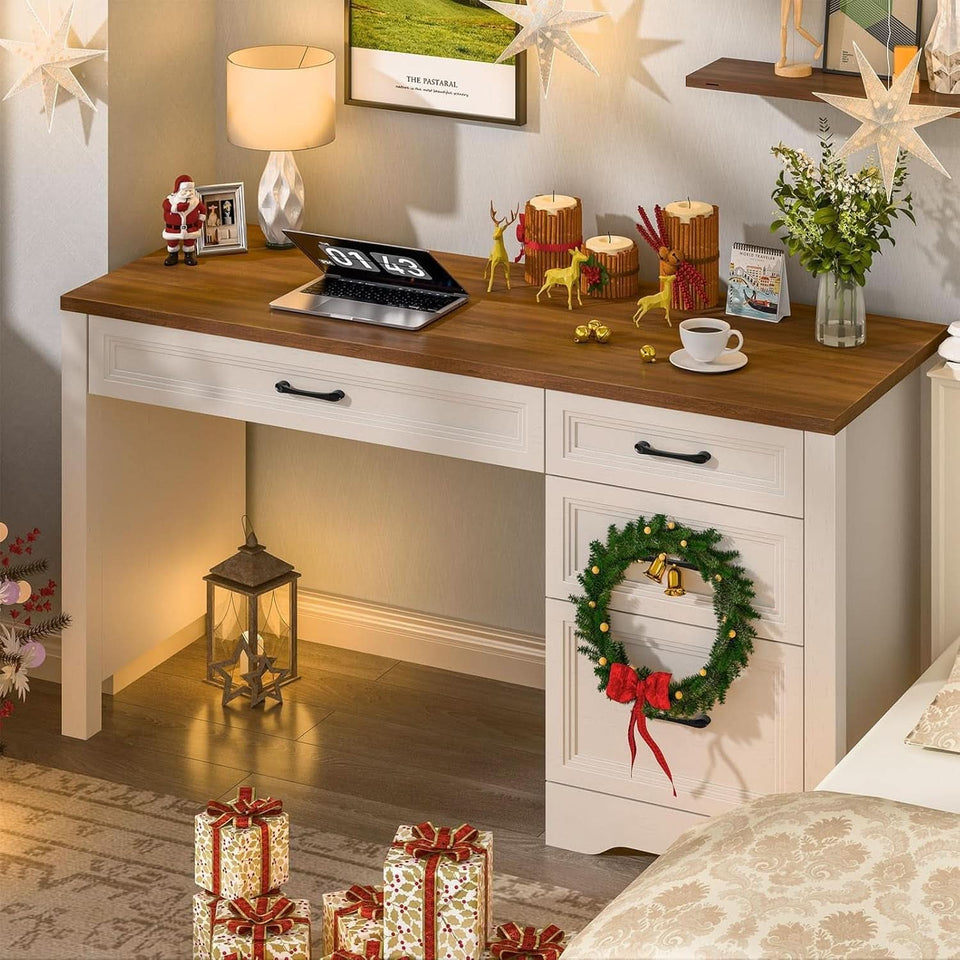 White Farmhouse Executive Desk With Storage And File Drawer