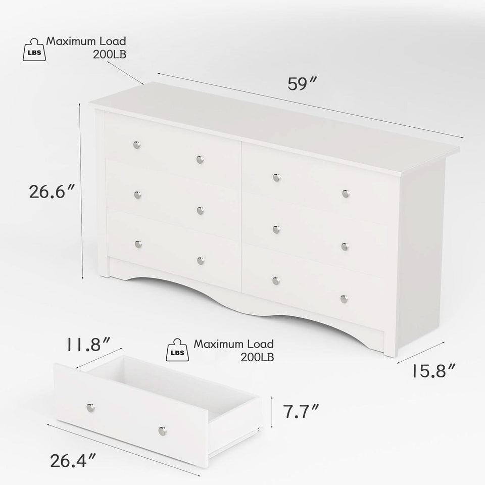 White 6 Drawer Dresser With Smooth Metal Slides Storage