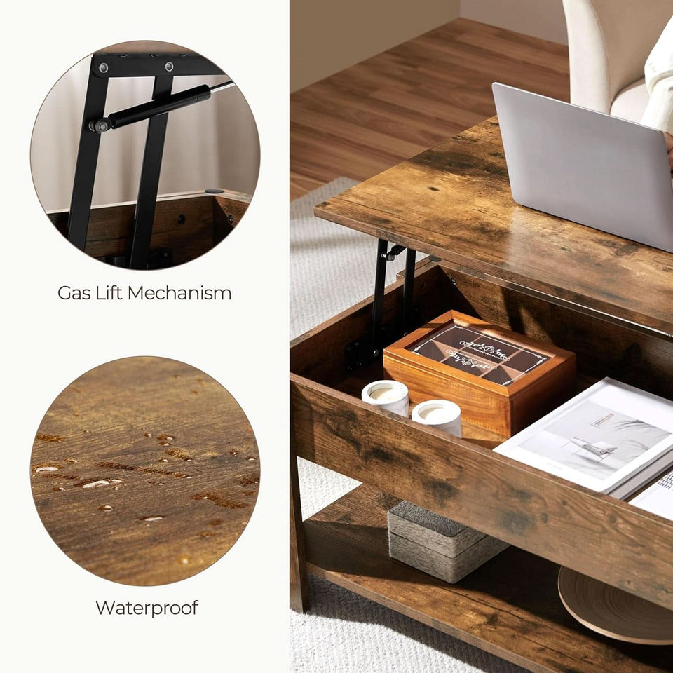 Coffee Table 47.5 Inch Lift Top With Hidden Compartment Rustic Brown