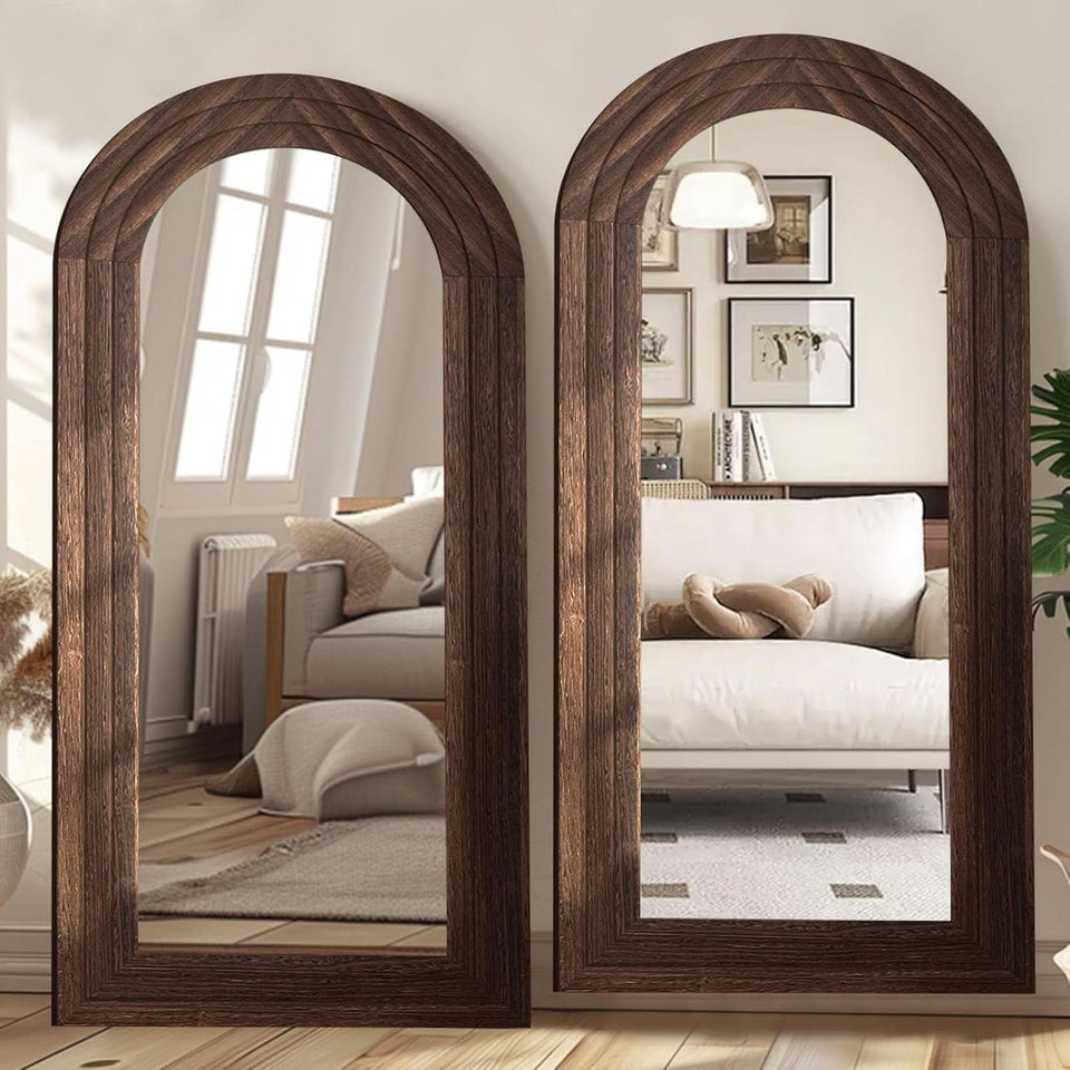 Arched Full Length Mirror 71x32 Inch Brown Solid Wood Frame