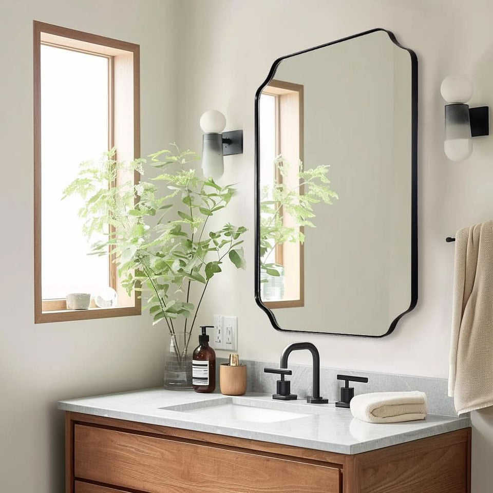 Black 22x30 Inch Scalloped Bathroom Mirror Stainless Frame