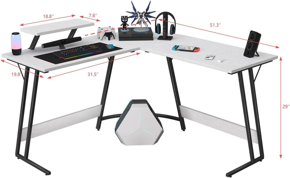 L Shaped Gaming Desk 51 Inch Monitor Riser Classical White