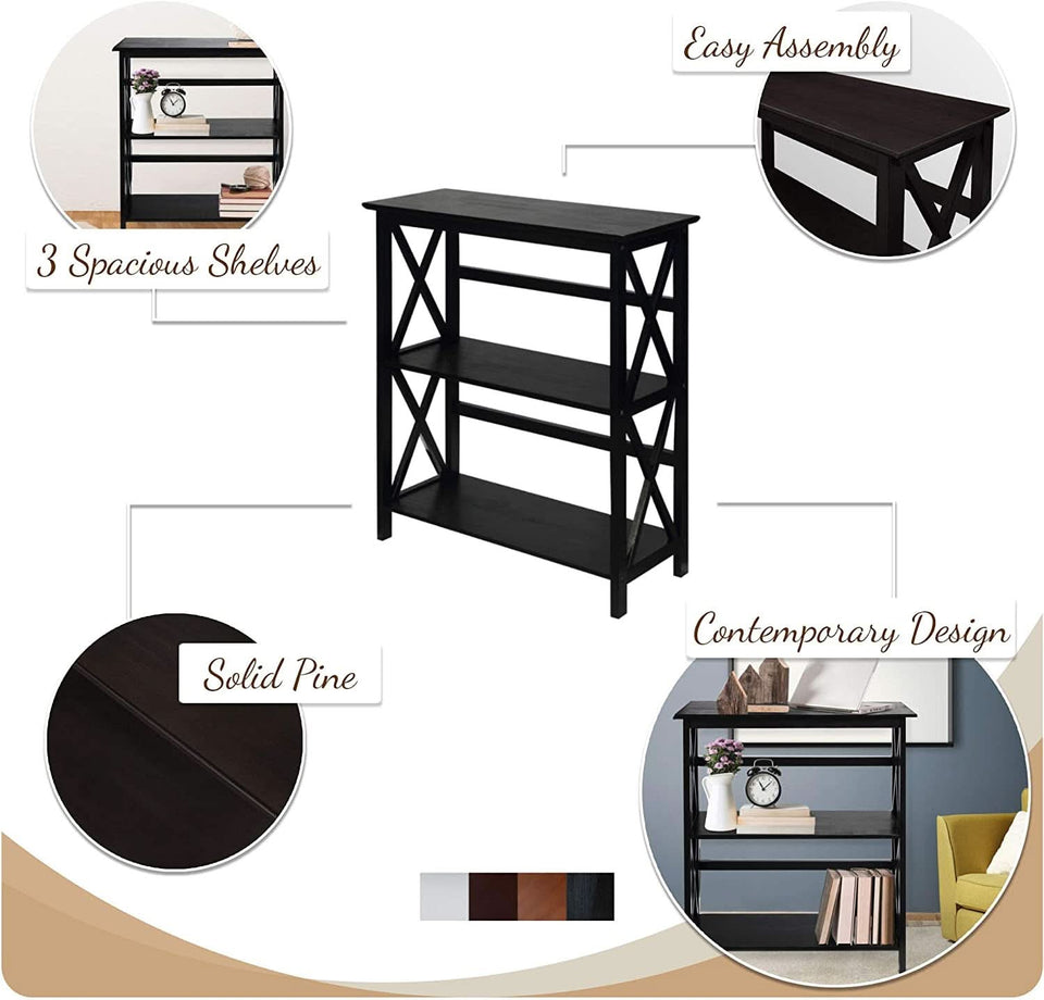Three Shelf Solid Wood Bookcase For Living Room Storage