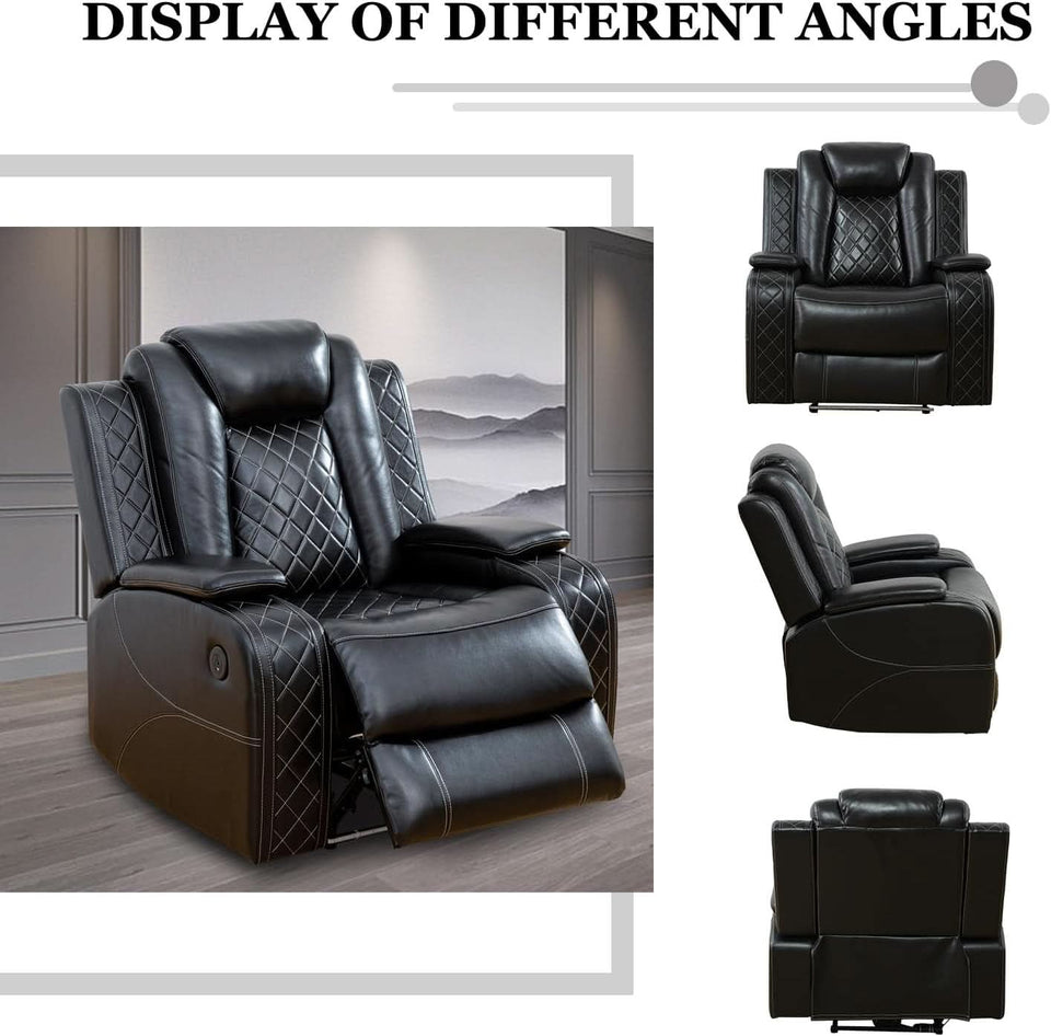 Leather Power Recliner Sofa Set With LED USB Ports Black