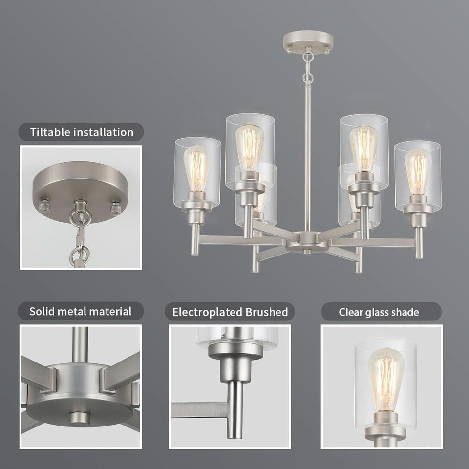 Brushed Nickel Six Light Chandelier With Clear Glass Shades