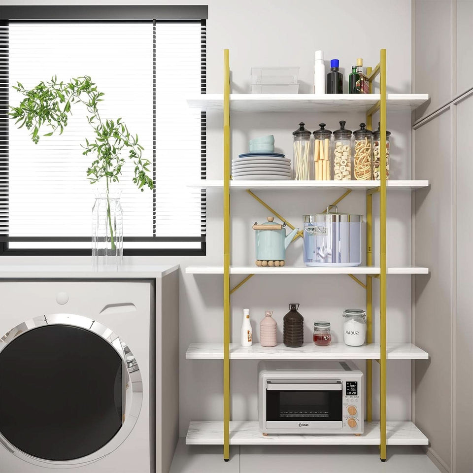 Five Tier Bookshelf Organizer White Faux Marble Metal Open Display