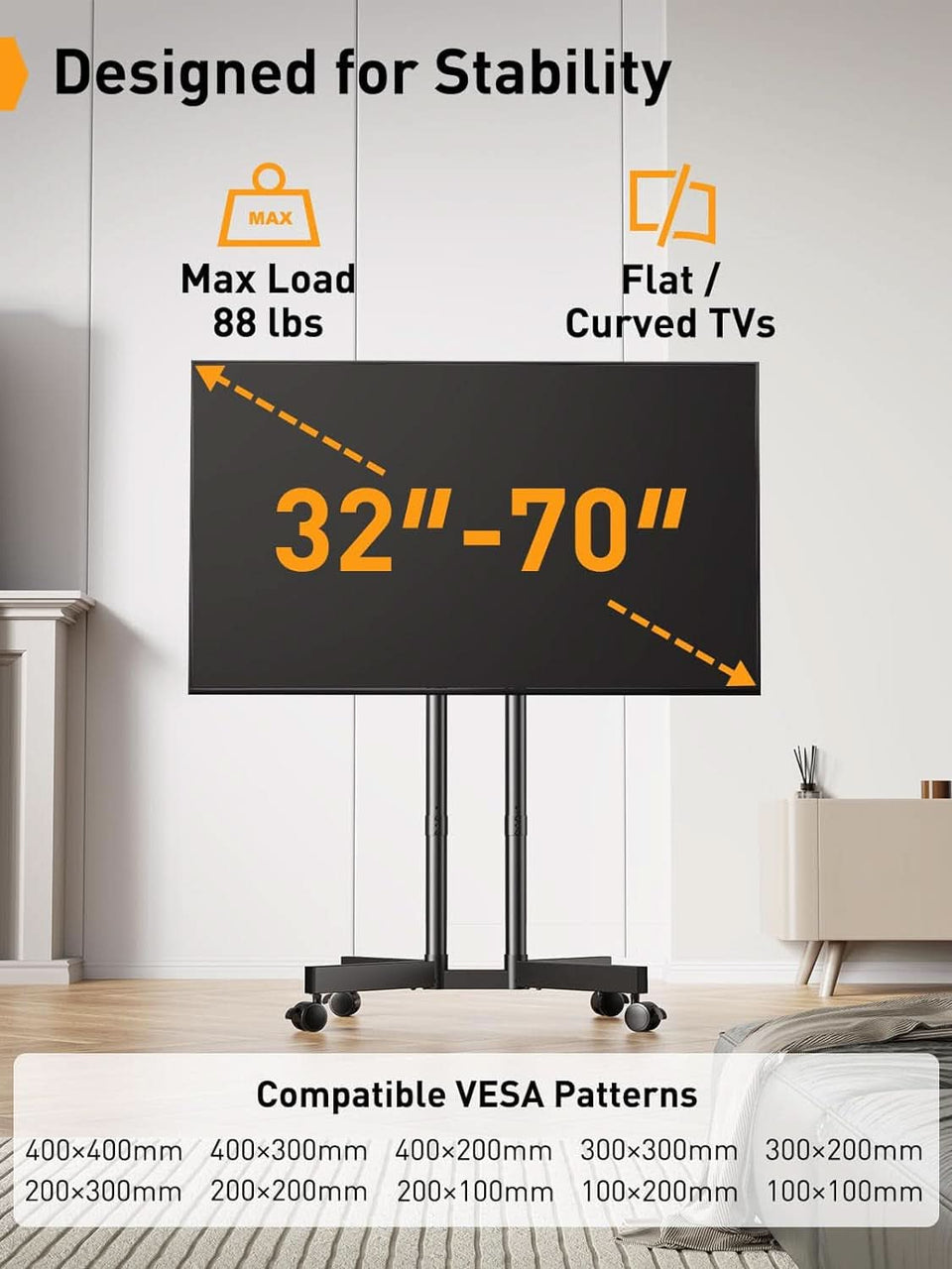 Mobile TV Stand 32 To 70 Inch With Wheels Height Adjustable
