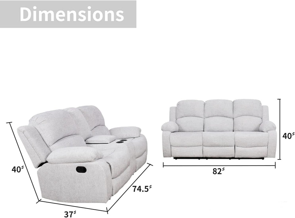 Grey Linen Recliner Sofa Set Featuring Drop Down Table