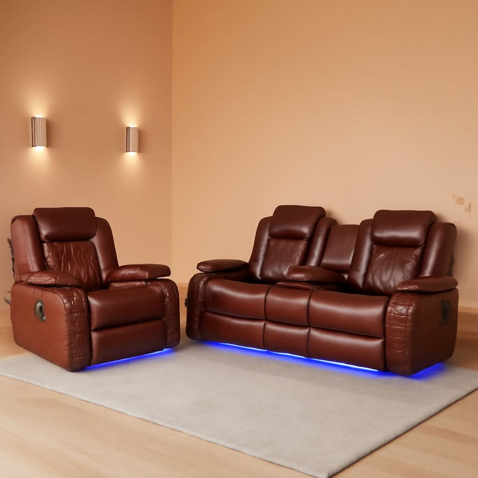Power Reclining Brown Leather Sofa Set For Living Room