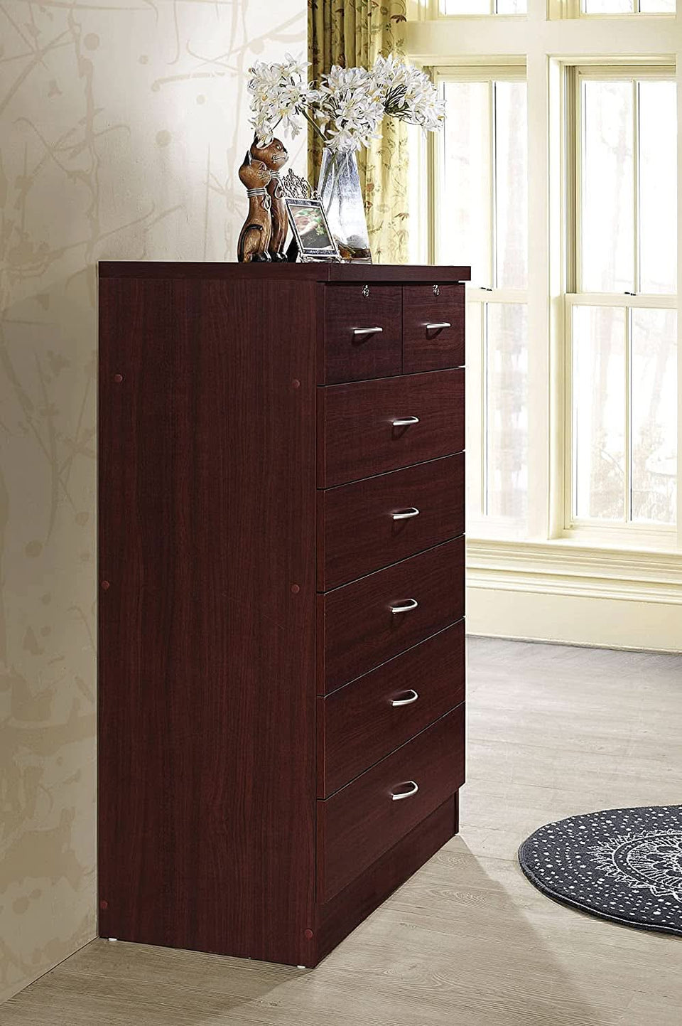 7 Drawer Wood Dresser Mahogany With 2 Locks On Top Drawers