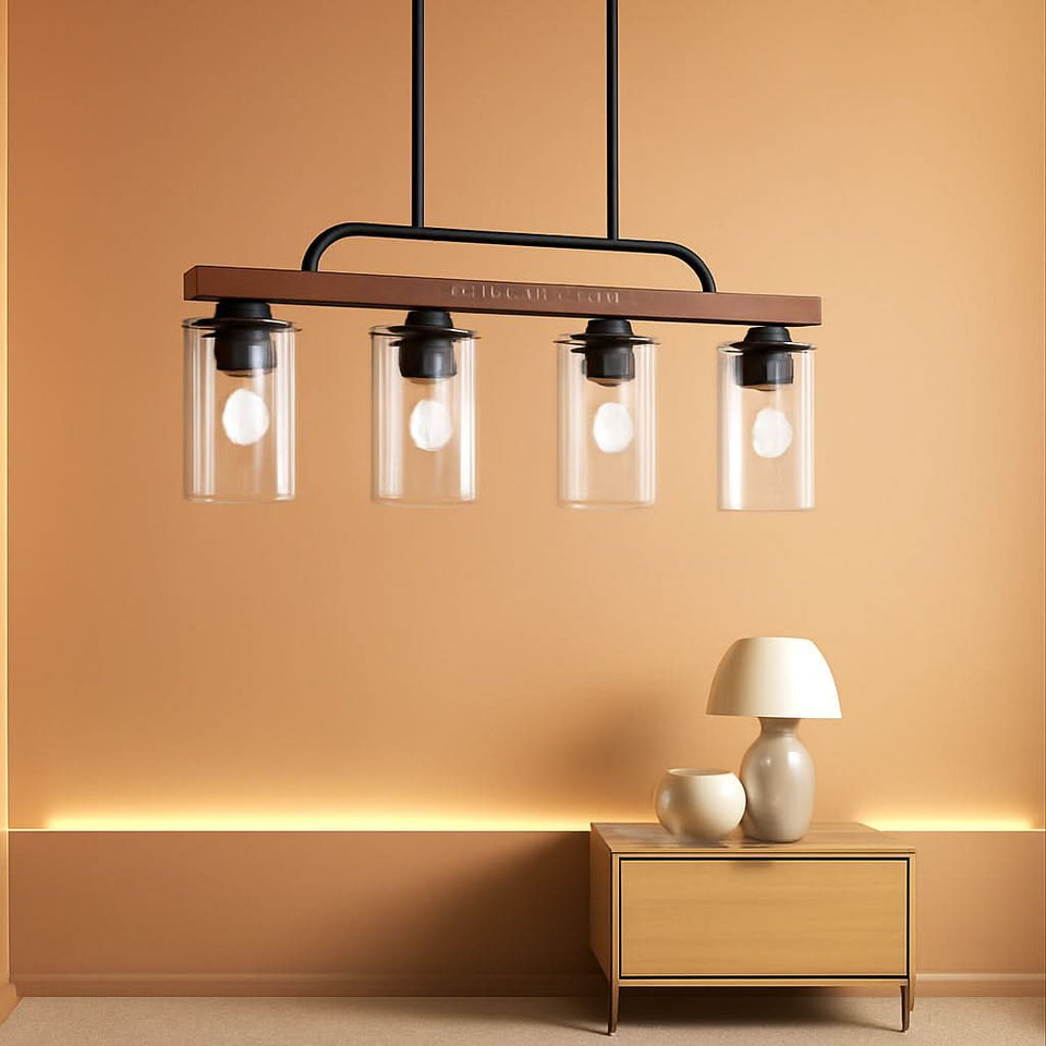 Black Wood Farmhouse 4 Light Pendant Chandelier For Dining