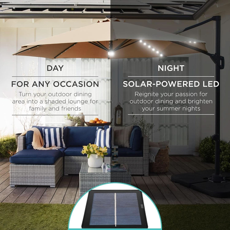 10 Foot Solar LED Cantilever Patio Umbrella With Lights Cross Base For Outdoor Use