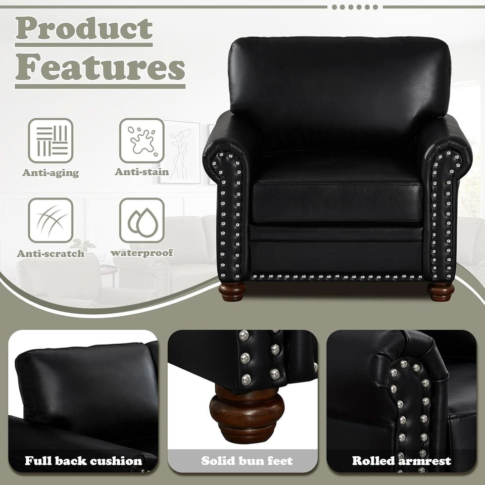 Two Piece Upholstered PU Leather Sofa Set With Hidden Storage Black Mid Century Modern