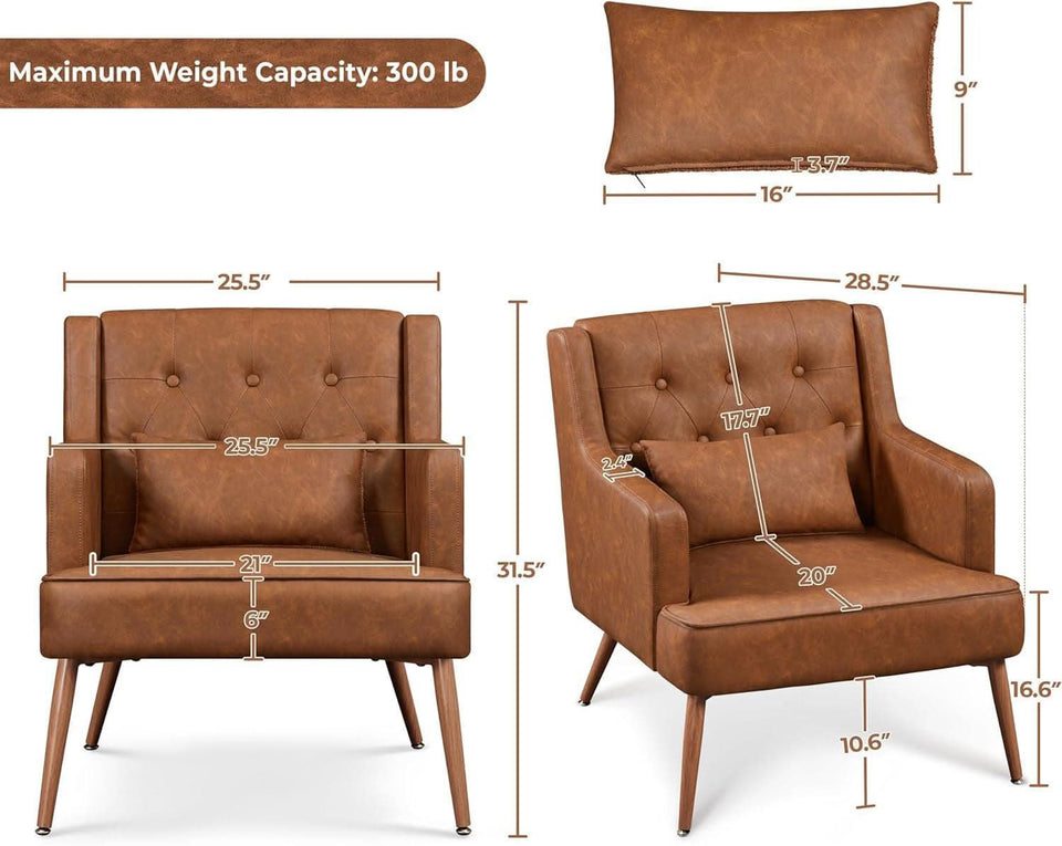Two Brown Leatherette Mid Century Accent Chairs Set