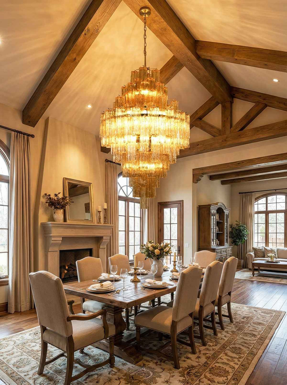 Amber + Gold glass chandelier - side angle view