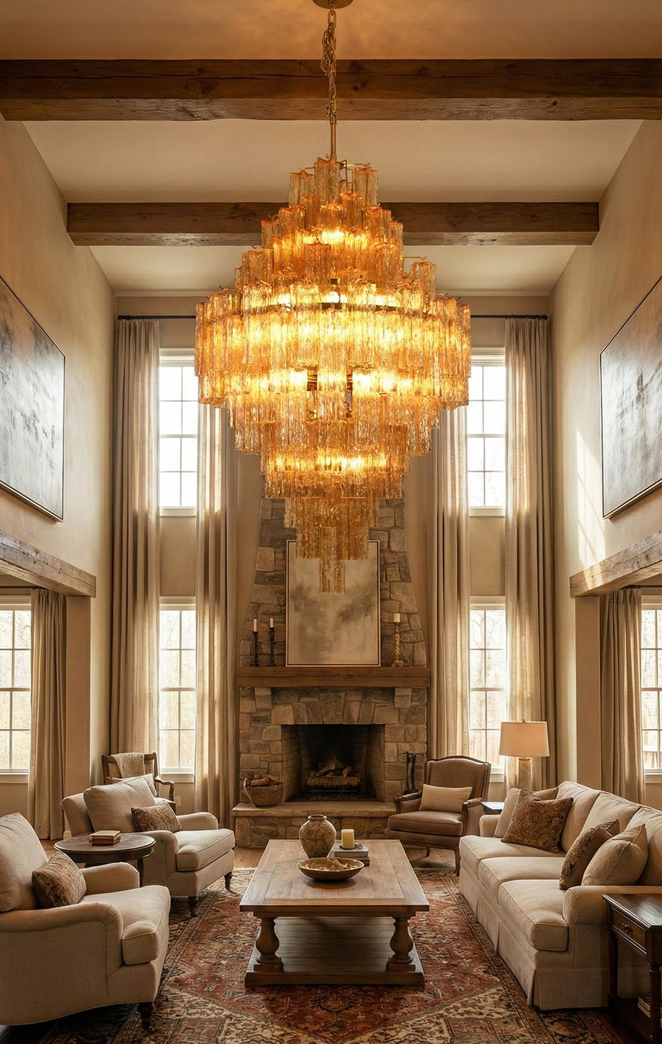 Amber + Gold glass chandelier - close-up detail