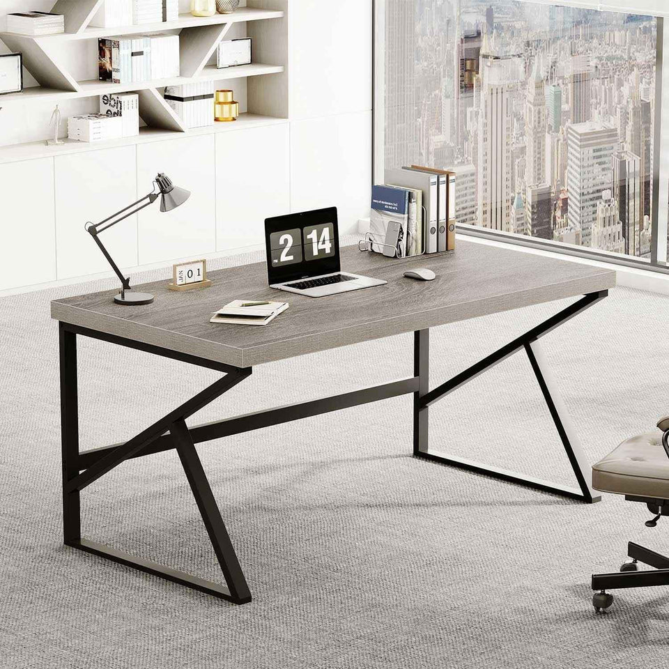 Gray Industrial Computer Desk for Home Office and Gaming