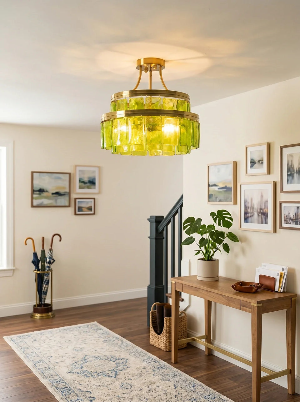 Green + Gold glass ceiling light - close-up detail