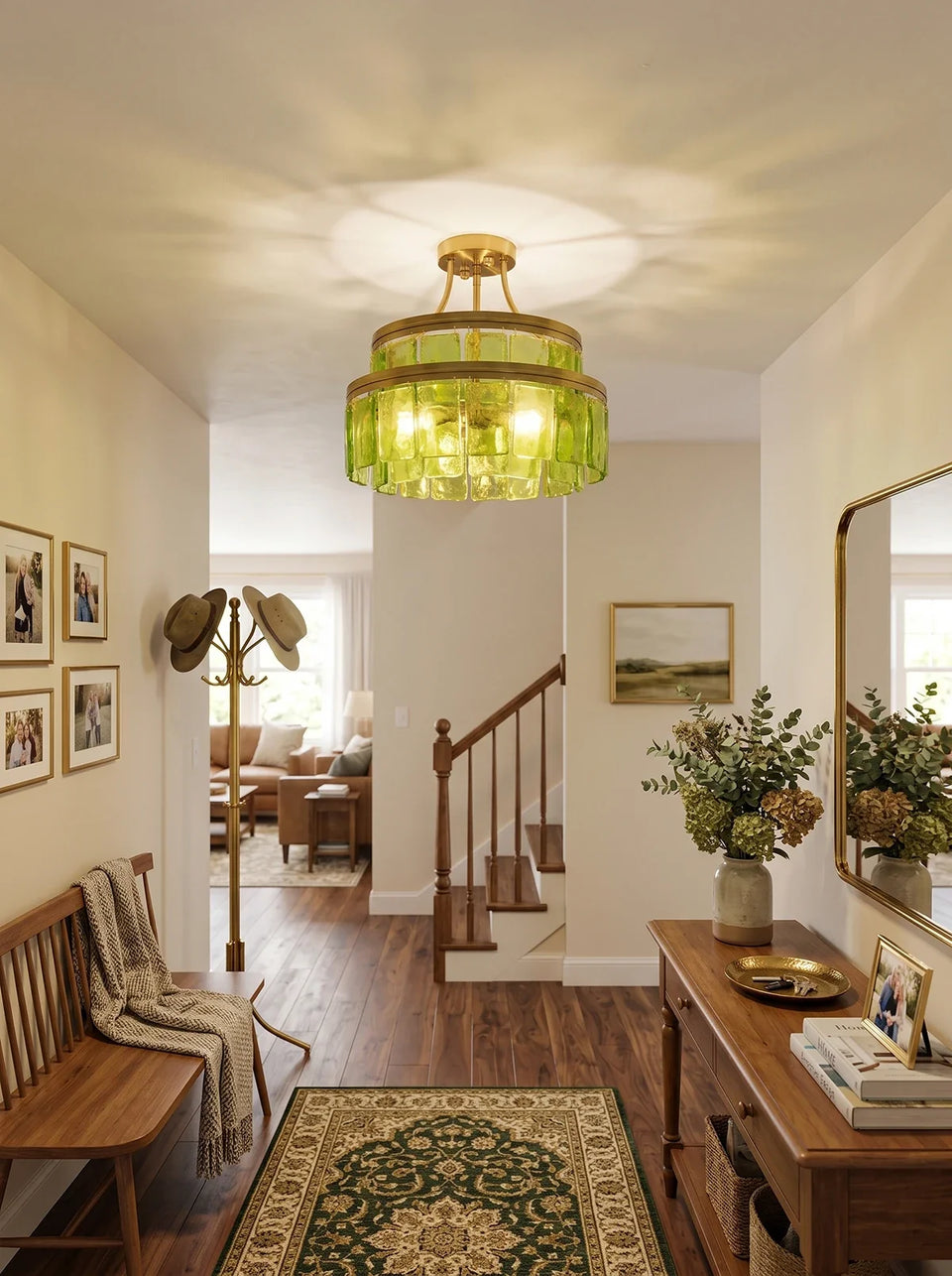 Green + Gold glass ceiling light - lifestyle setting