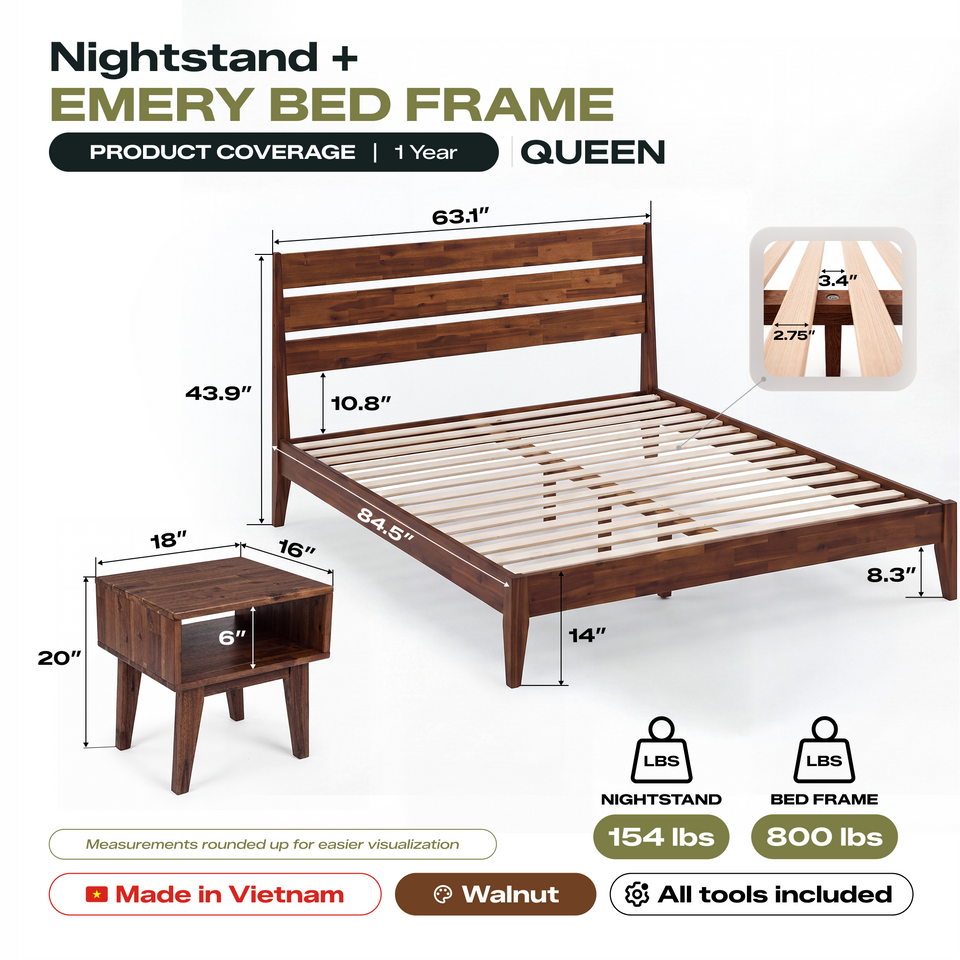 [Buy 1 Get 1] Emery Solid Wood Bed Frame & Nightstand