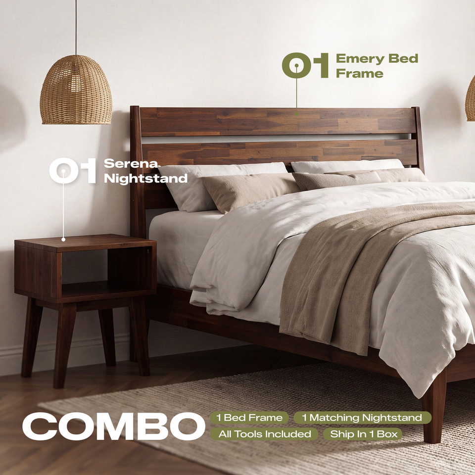 [Buy 1 Get 1] Emery Solid Wood Bed Frame & Nightstand