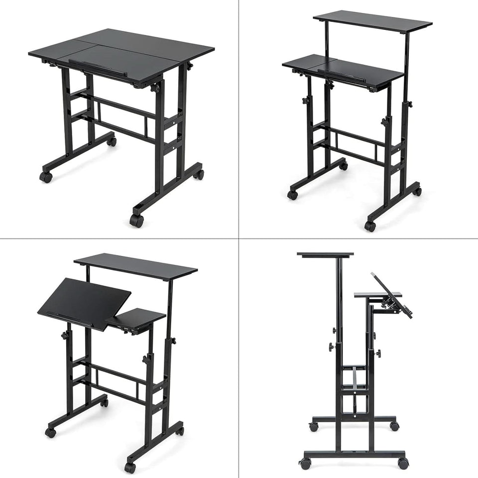 Height Adjustable Mobile Desk with Tilting Top and Wheels