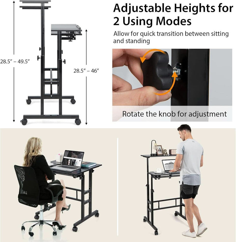 Height Adjustable Mobile Desk with Tilting Top and Wheels