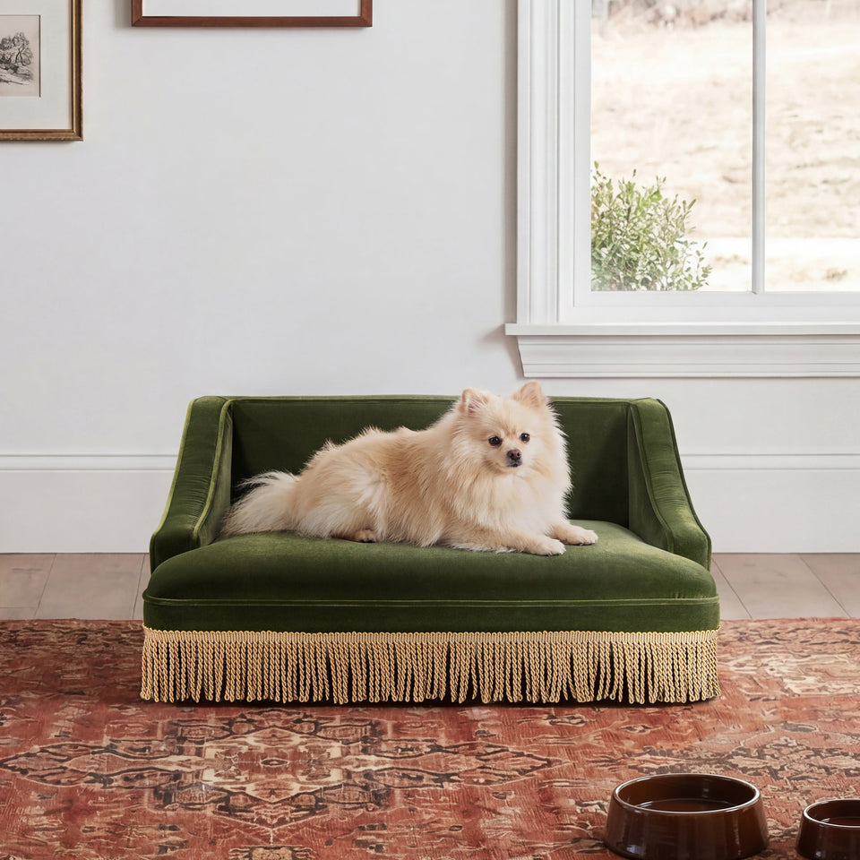 Olive Green Velvet Princess Pet Bed Sofa with Fringe Skirt - Medium