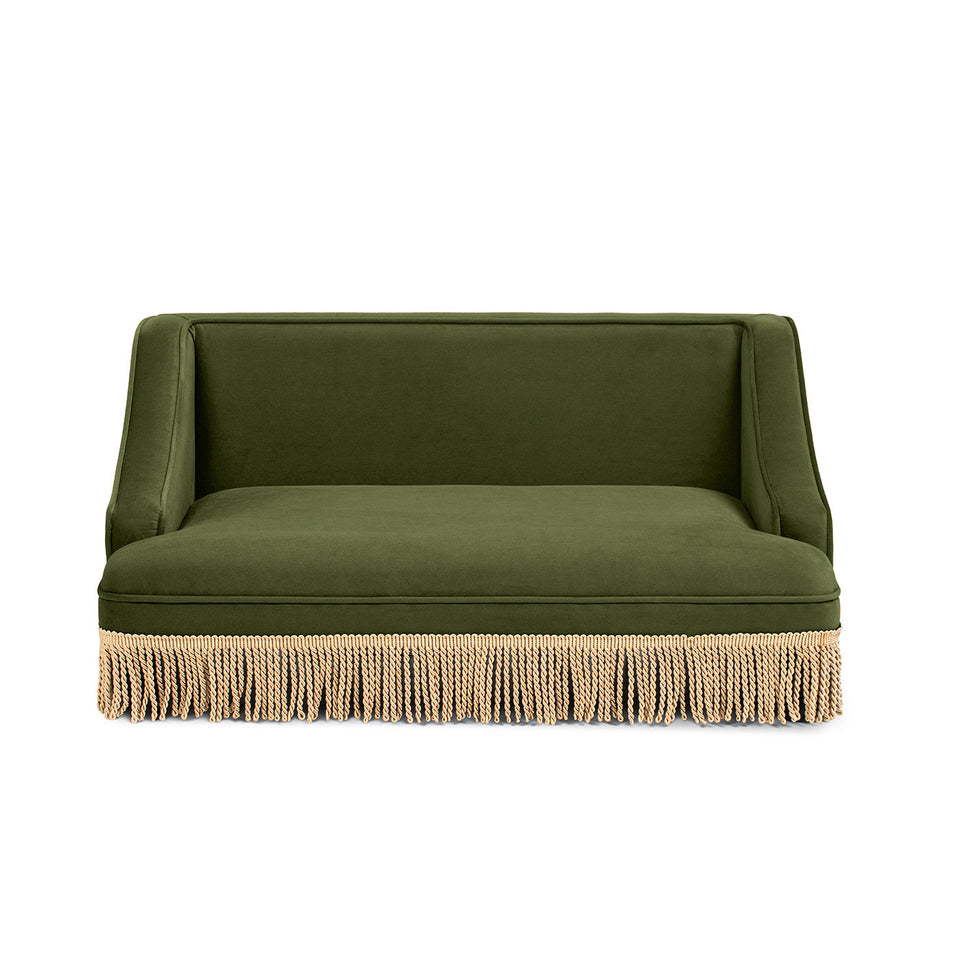 Olive Green Velvet Princess Pet Bed Sofa with Fringe Skirt - Medium