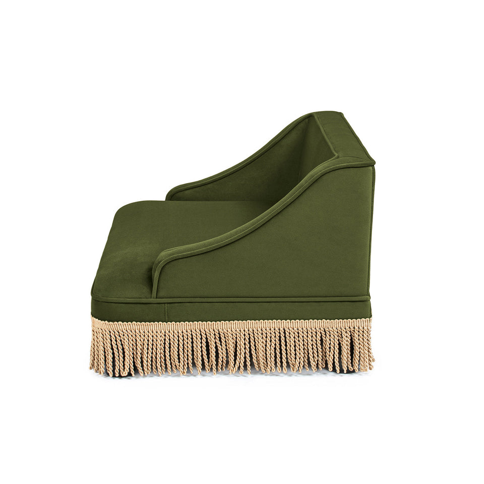 Olive Green Velvet Princess Pet Bed Sofa with Fringe Skirt - Medium