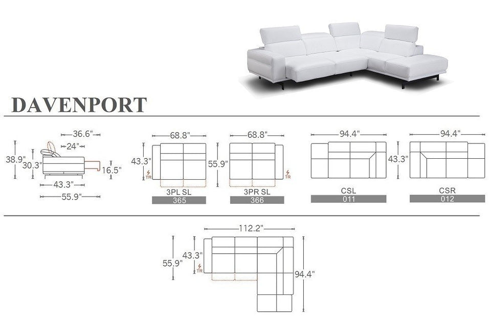 Davenport Leather Sectional in Snow White LHFC Only