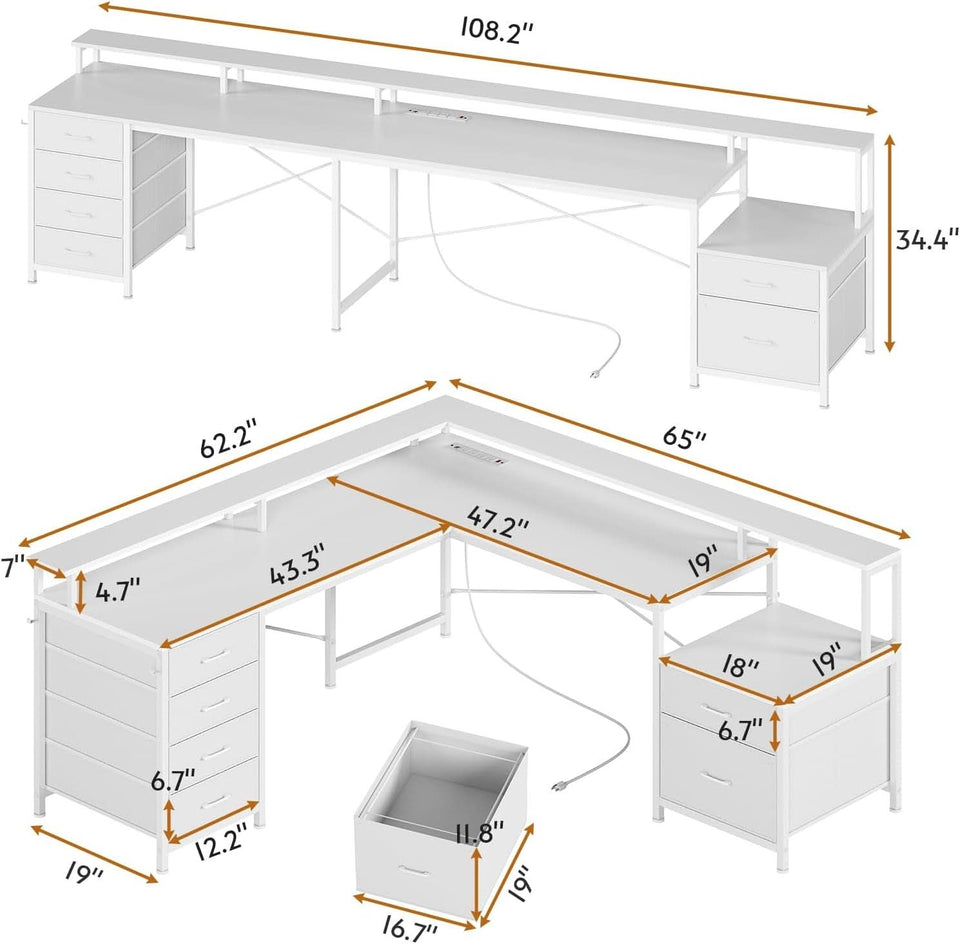 L Shaped Desk 108 Inch White Two Person Corner Computer Desk