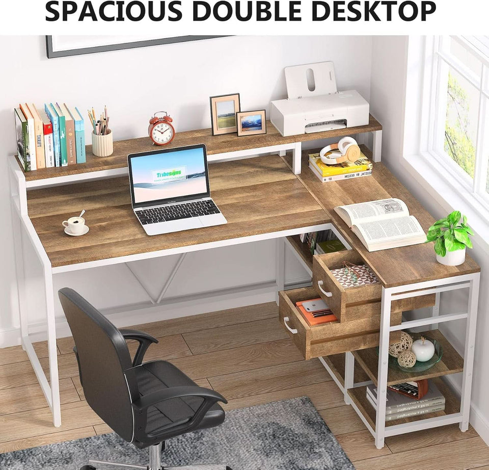 L Shaped Desk With Drawers And Monitor Stand Beige Wood