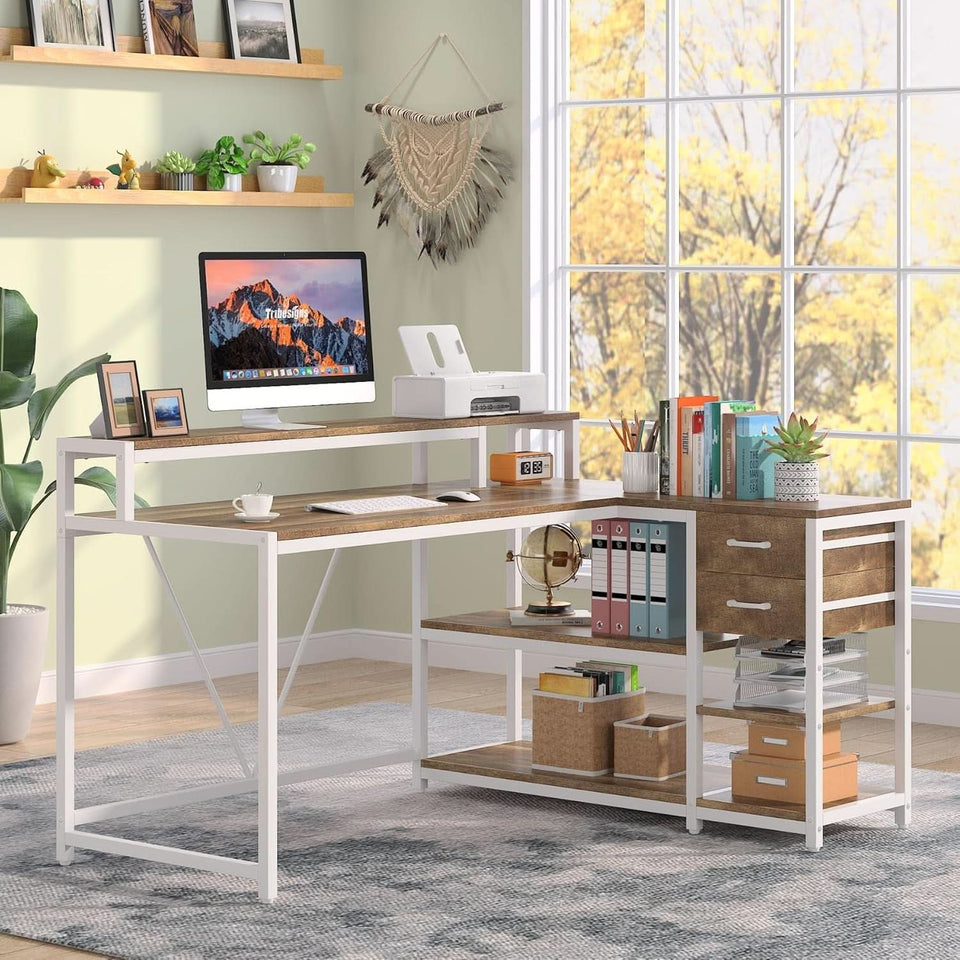 L Shaped Desk With Drawers And Monitor Stand Beige Wood